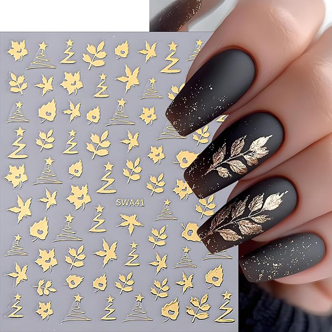 Fall Maple Leaves Nail Art Stickers for Thanksgiving, Gold Silver Maple Leaves Nail Decals 3D Self-Adhesive with Flowers Leaf Design 6Pcs Fall Glitter Nail Art Supplies for Women Nail Decoration