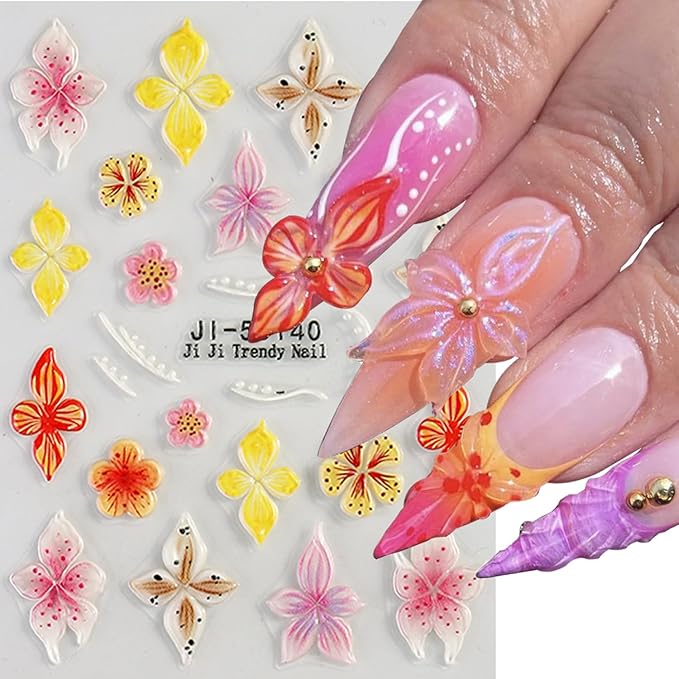 Flower Nail Art Stickers, 4PCS 5D Embossed Sticker for Nail Art, Spring Floral Nails Design 5D Relief Decals Hibiscus Flowers Nail Adhesive Sticker Slider Charm Decor DIY Manicure Accessories Supplies