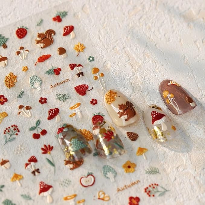 Fall Nail Art Stickers Decals 5D Embossed Autumn Nail Decals Squirrel Maple Leaf Mushroom Fruit Nail Design Stickers Fallen Leaves Nails Art Supplies for Women Thanksgiving Day Manicure Decoration
