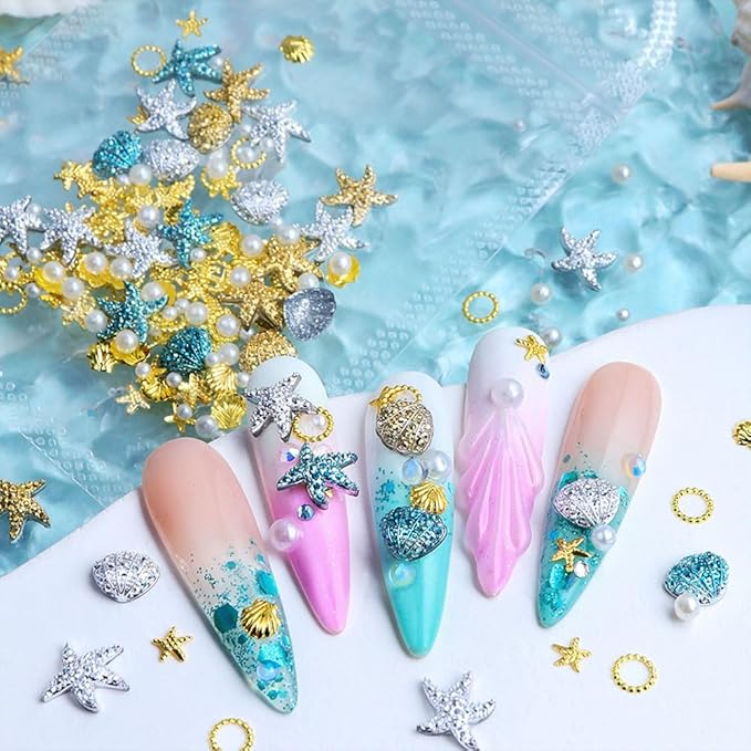 2 Pack 3D Nail Art Charms Set, Summer Beach Theme with Starfish Shell Pearls, Metal Rhinestone Decorations for Acrylic Nails