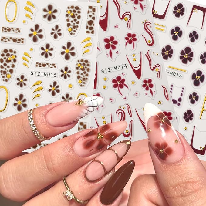 4Pcs Flower Nail Stickers for Nail Art - French Nail Art Stickers Autumn Winter Wine Red Brown Blue Floral Leopard Print Pattern 3D Self-Adhesive Nails Sliders Flowers Sticker for Nails Decoration