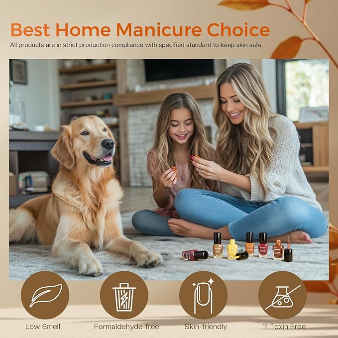 Morovan Fall Nail Polish Set: 6 Gold Maple Leaf Nail Polish Kit 2025 Glitter Autumn Fingernail Pumpkin Yellow Burnt Orange Art Quick Dry Nail Regular Mini Bulk Manicurist Women Girls Gift