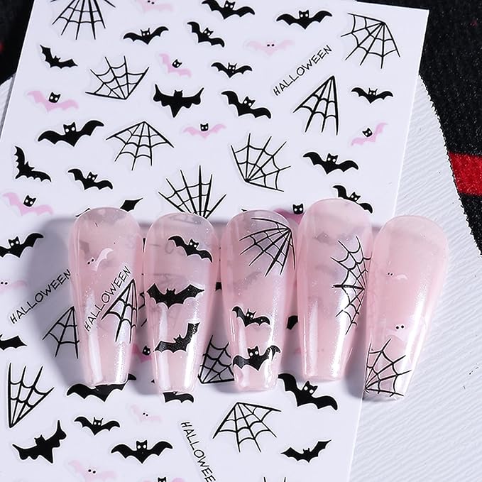 5 Sheets Halloween Nails Stickers Spider Web Bat Nails Art Stickers 3D Self-Adhesive Supplies Nail Decal with Evil Pumpkin Skeleton Design Nail Sticker for Nail Art Women's DIY Decoration