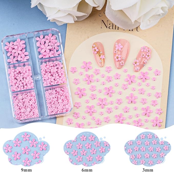 4 Boxes 3D Flower Nail Charms and Gems - Pink Nail Flower Charms Crystal AB Clear Gemstones Silver/Gold Caviar Beads White/AB Pearls for Women DIY Manicure Crafts (18-S4-Pink)