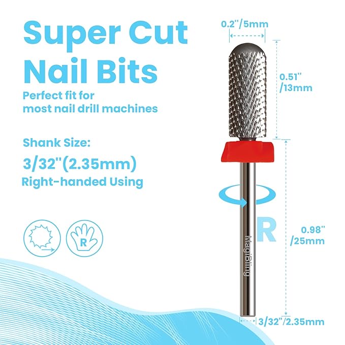 Super Cut Small Barrel 3/32'' Safety Tungsten Nail Drill Bits, Remove Gel Fast, Right handed, Suitable for Manicure Pedicure Cuticle Gel Polishing, Classic Round Top Bits, Grit: Fine.