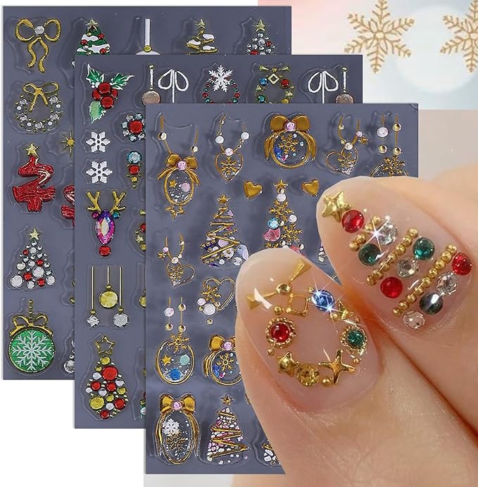 Christmas Nail Art Stickers 5D Relief Nail Decals Bow Nail Stickers for Nail Art Colorful Christmas Tree Heart Bow with Rhinestone Design Snowflake Nail Sticker for Women DIY Holiday Nails 3 Sheets
