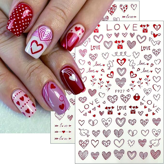 8 Sheets Valentines Nail Art Sticker Red Romantic Heart Nail Decals Personalized Bow Nail Design Stickers Love Letter False Nails Valentines Nail Design Stickers Glossy Nail Art Supplies for Women