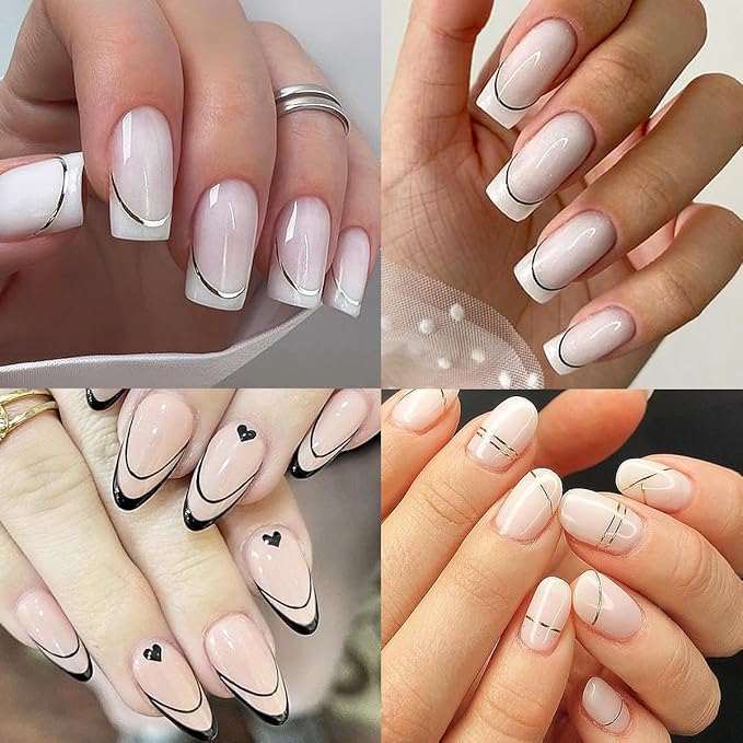8 Pieces French Tip Line Nail Art Stickers 3D Simple Lines Nail Stickers Black White Gold Silver Metal Stripes Adhesive Decals Curved Gel Nail Art Polish Sliders Manicure Foils Decor Accessories