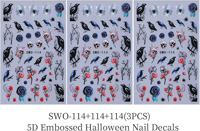 Halloween Nail Art Stickers 5D Embossed Halloween Nail Decals 3PCS Skulls Birds Roses Spider Self-Adhesive Nail Design Nail Art Supplies Holiday Nail Stickers for Women Girls DIY Manicure Decorations