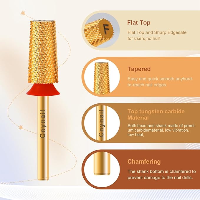 3/32" Large Tapered Barrel Flat Bit Tungsten Carbide Nail Drill Bit Safety Bit for Gel & Acrylic Removal, 2- Way Rotating Efile Tip, Salon Electric File Accessory (F Girt, Gold)