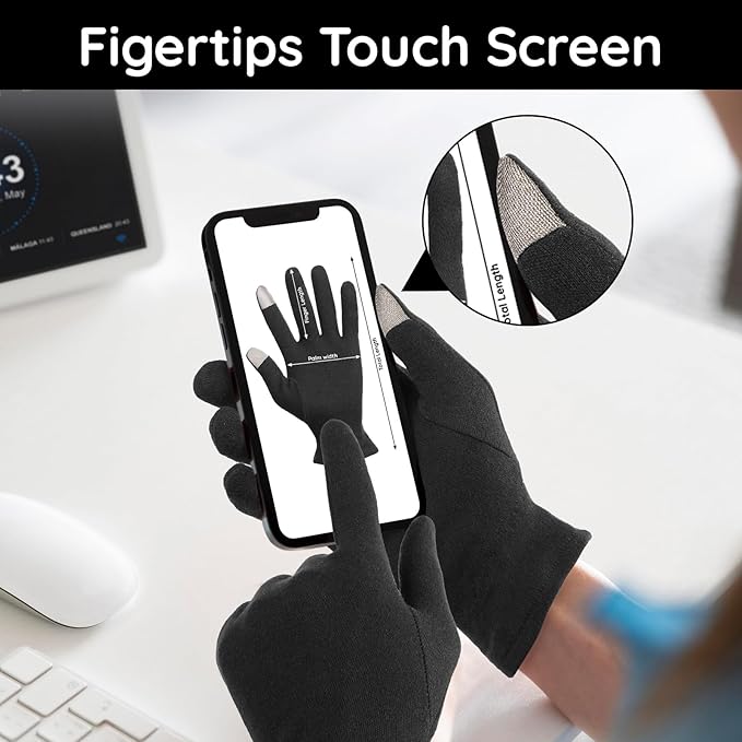 Segbeauty 16 Counts Elastic Cotton Work Gloves Black with Touchscreen Fingers, 8 Pairs Sleep Moisturizing Lotion Gloves Overnight for Women with Elastic Band, Spa Cotton Working Glove for Hand Care