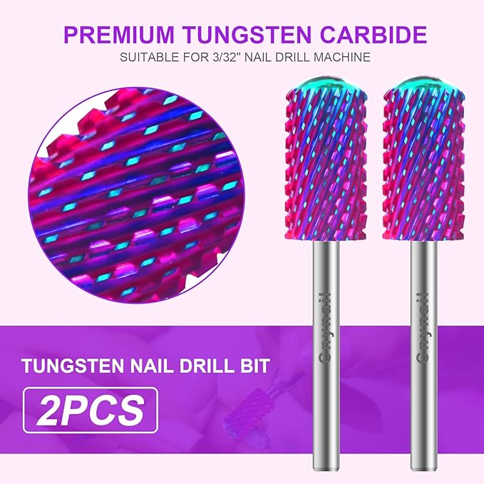 3/32" 2PCS Large Barrel Smooth Round Top Tungsten Carbide Nail Drill Bit Safety Bit for Gel & Acrylic Removal, 2-Way Rotating Efile Tip, Salon Electric File Accessory (XC Grit, Purple)