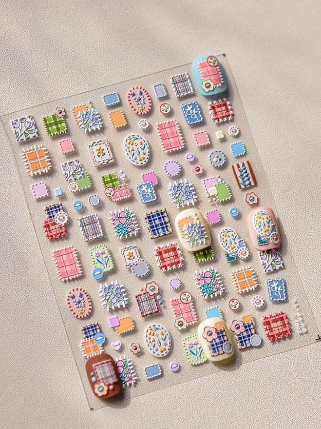 Cottagecore Nail Stickers – 5D Embossed Floral & Plaid Art Decals, Aesthetic Self-Adhesive Design for DIY Nails, Vintage Pastel Patterns Cozy, Cottage-Inspired Manicure, Home or Salon
