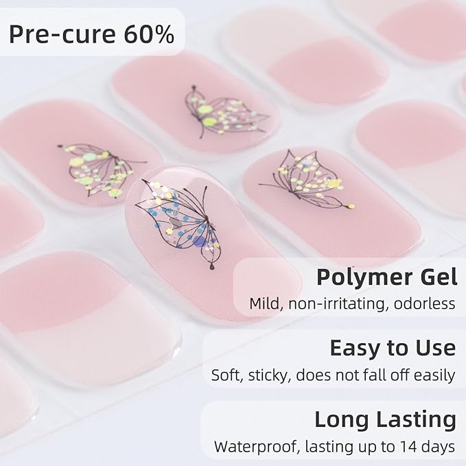 Semi Cured Gel Nail Strips | 28 pcs Gel Nails Strips for Women Work with Any UV Lamp, UV Nail Stickers for Women Home DIY Nails Art (French Butterfly)