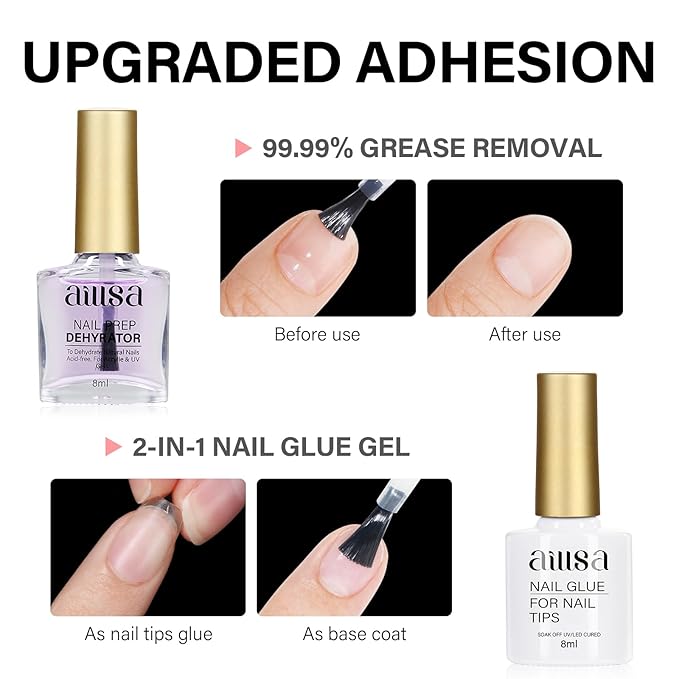 AILLSA Extra Short Coffin Gel Nail Kit 240pcs Full Nail Tips with 2 In 1 Nail Glue Base Top Coat Nail Dehydrator U v Led Lamp, Gel Extension Nail Kit for Beginners Home Salon