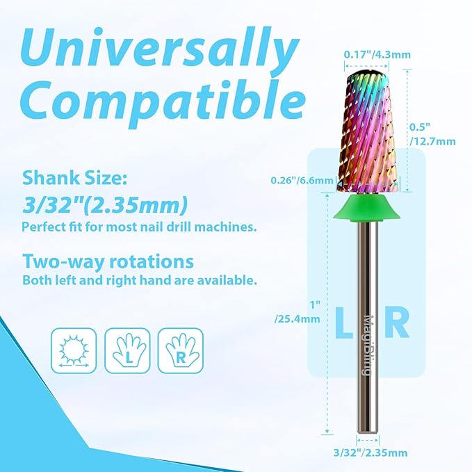 Round Top Nail Drill Bits, Cross Cut Tapered 3/32'' Safety Tungsten Carbide Professional Bit, Remove Gel Fast, Left Right Hand Use, Acrylic Nail Polish, Technicians Bits, Coarse.