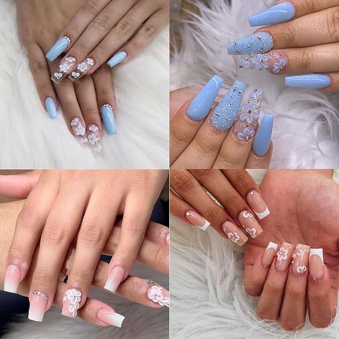 5D Embossed Crystal Diamond Flower Nail Art Stickers Small White Flowers Self-Adhesive Nail Decals Cherry Blossoms with Rhinestones Nail Design Supplies Cute Stickers for Women Girl Manicure 3PCS