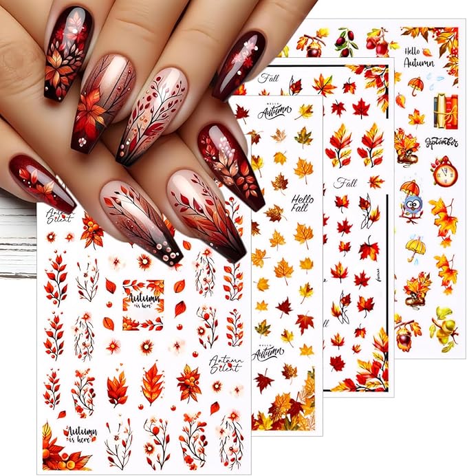 Fall Nail Art Stickers 8 Pcs 3D Self-Adhesive Thanksgiving Nail Decals Maple Leaves Pine Cone Deer Nails Designs Autumn Nails Decorations for Women DIY Manicure Art Supplies