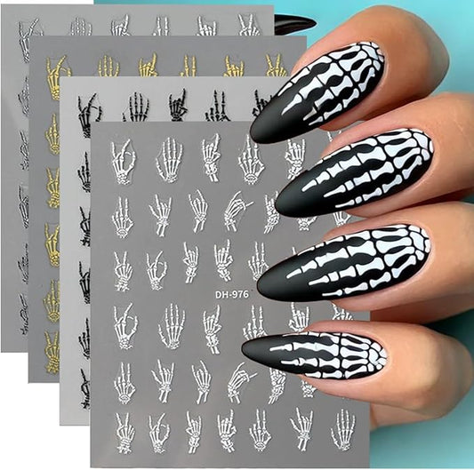 Halloween Nail Art Stickers Decals 3D Finger Bone Nail Stickers 4PCS Black White Gold Silver Fantasy Bone Design Halloween Nails Adhesive Decals Supply for Women Holiday Manicure Nail Art Decorations