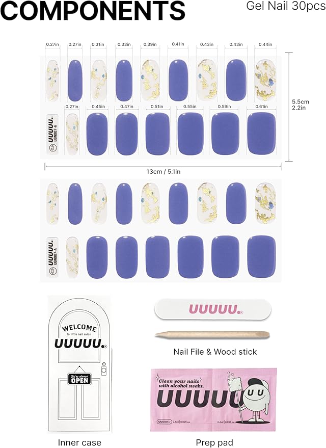 UUUUUU Semi Cured Gel Nail Strips | Salon-Quality | UV Free Gel Nail Wraps for Women | Easy Peel&Stick | Long-Lasting up to 14 Days | 28 Strips Set+File & Wipes | Gift-Ready (Blue Ore)