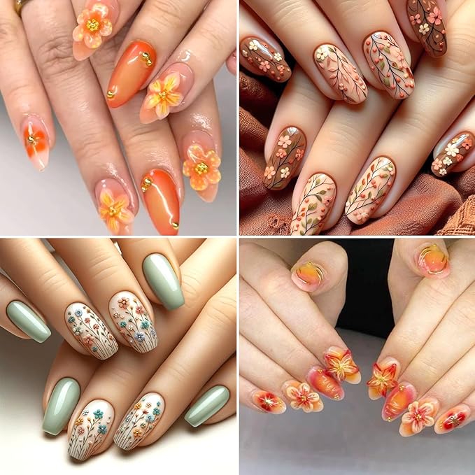 Colorful Flowers Nail Art Stickers 3D Orange Flower Nail Decals with Gold Edge Designs Nail Stickers Self-Adhesive Wildflowers Leaf Nail Decal Cute Floral Leaves Nail Sticker for Women Nails Decor