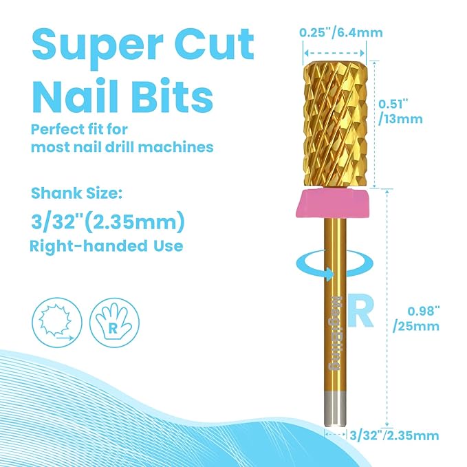 Super Cut Large Barrel Nail Drill Bits, 3/32'' Professional Tungsten Carbide Bits, Remove Hard and Soft Gel Fast, Right Hand Use, Manicure Pedicure Cuticle Gel Polishing, Gold Color, Triple Coarse.