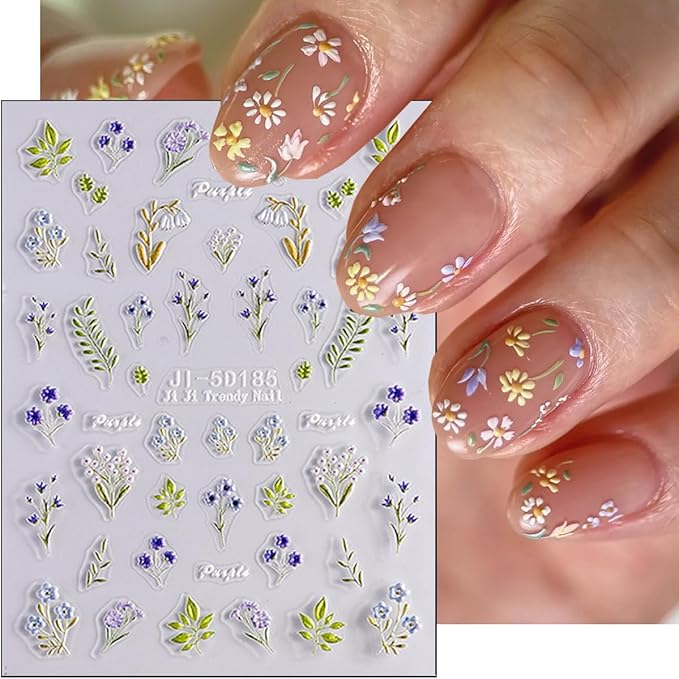 3Pcs Colorful Flower Nail Art Stickers 5D Self Adhesive Floral Nail Decals Embossed Daisy Nail Stickers Tulip Rose Nail Design Supplies Spring Summer Decoration Accessories for Women DIY Manicure