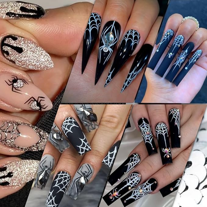 8 Sheets Strawberry Spider Halloween Nail Stickers - 3D Self-Adhesive Decals for Nail Art Design - Red, Black, Silver French Nail Art Supplies for Women