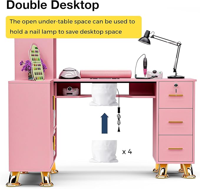 Manicure Table Nail Station w/Dust Collector - L-Shaped Nail Tech Table with Shelves, Storage Cabinets, Drawers, Metal Handles & Legs, Salon Wrist Rest, Beauty Salon Workstation Decor (Pink)