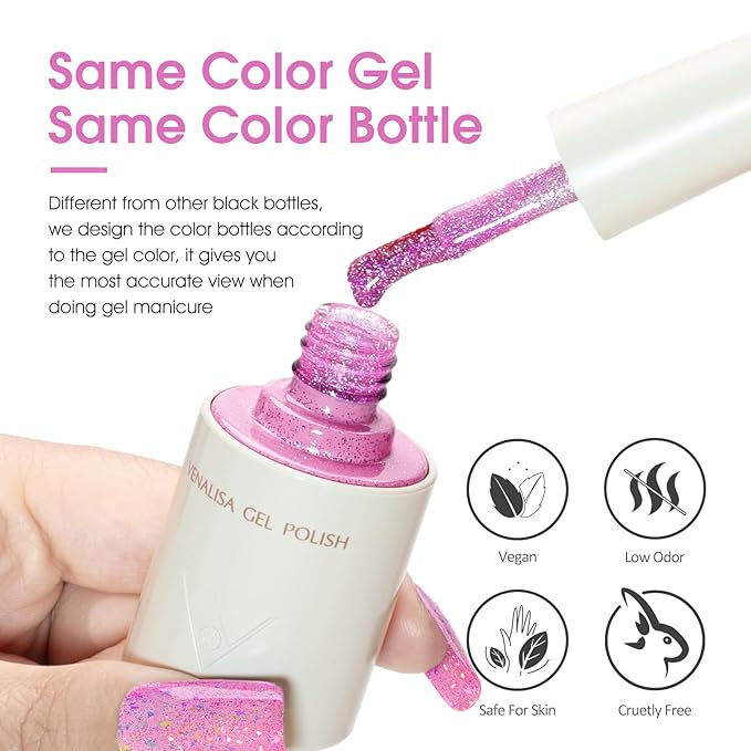 VENALISA Pink Glitter Gel Nail Polish 1 Pcs 10ML Soak Off Salon Manicure DIY at Home Nail Art For Girls Women