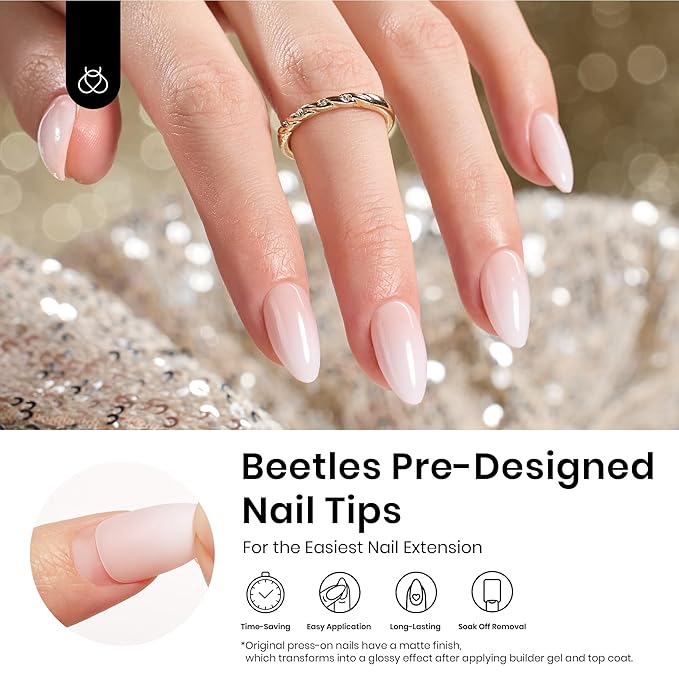 Beetles Ombre Short Almond Press on Nails 224 Pcs Gel Nail Tips, Pink Press ons Pre-applied Primer & Base Coat Glue on Nail Tips, No Need to File Fake Nails DIY Nails Gifts for Women
