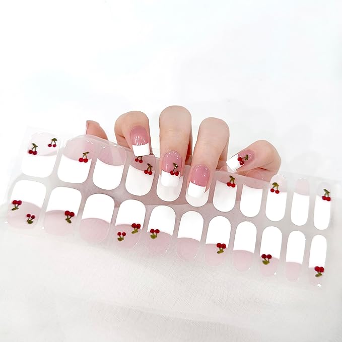 Semi Cured Gel Nail Strips Cute Cherry Gel Stickers French White Salon Quality DIY Nail Wraps Manicure Stickers for Easy Application