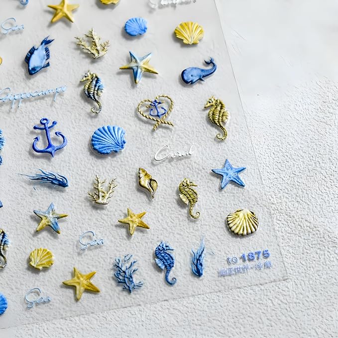 Summer Nail Art Stickers Decals 5D Embossed Self Adhesive Blue Seashell Starfish Nail Stickers Ocean Nail Decals for Nail Art Marine Life Nail Design Decoration Accessories for Women 2 Sheets