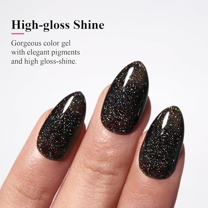 Imtiti Glitter Gel Nail Polish, 0.5 Fl Oz Black Glitter Gel Polish Soak Off LED U V Iridescent Shimmer Sparkle Nail Gel Polish DIY Nail Art Starter Manicure Salon Gel Nail Polish Kit for Women Girls