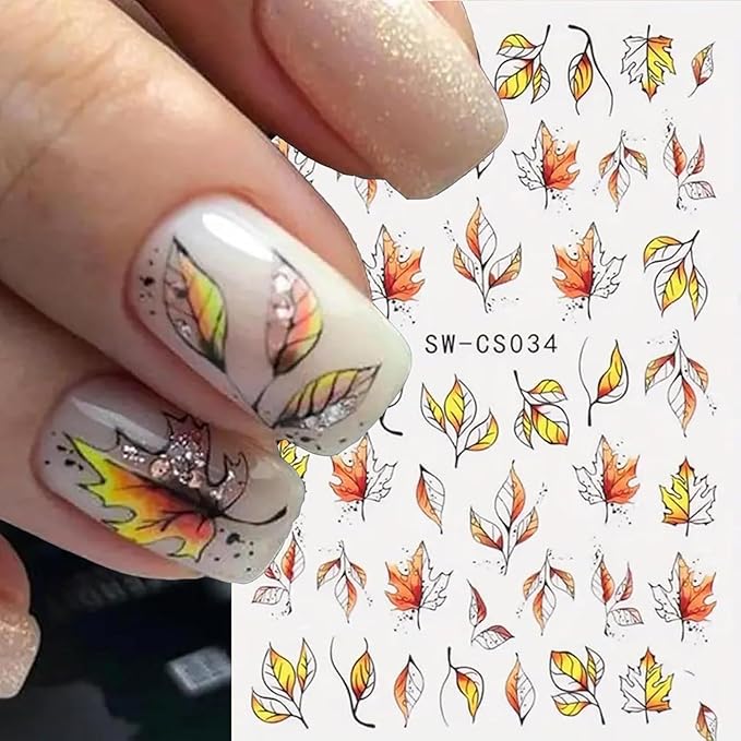Fall Nail Art Stickers Decals 6Pcs Maple Leaves Nail Art Decals 3D Self-Adhesive Yellow Fallen Leaves Nails Stickers Cute Thanksgiving Day Manicure Sliders for Women Acrylic Nails Art Decorations