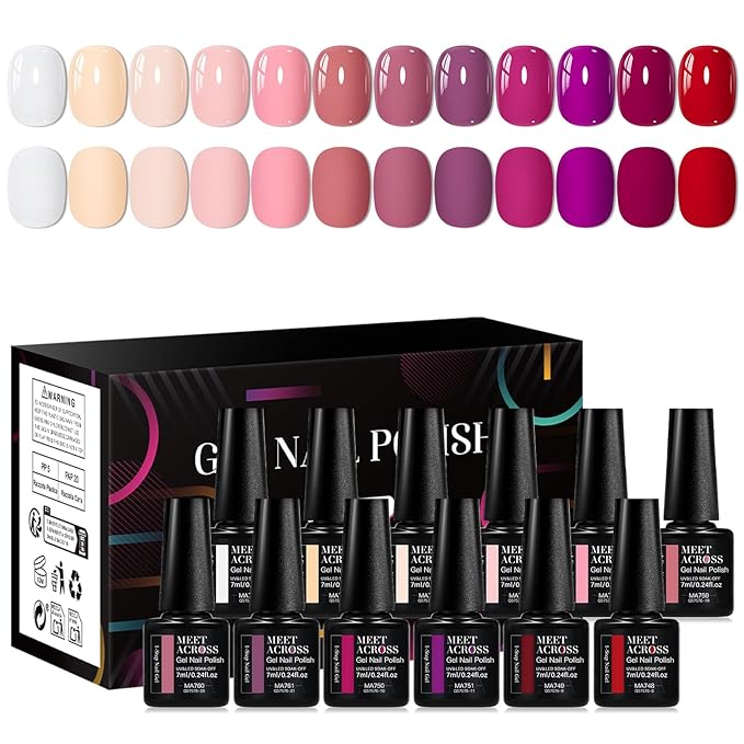 MEET ACROSS 1 Step Gel Nail Polish Set 12 Colors Gel Polish Kit Beige Pink Purple Red Soak Off UV/LED Nail Polish for Home DIY & Birthday Gifts