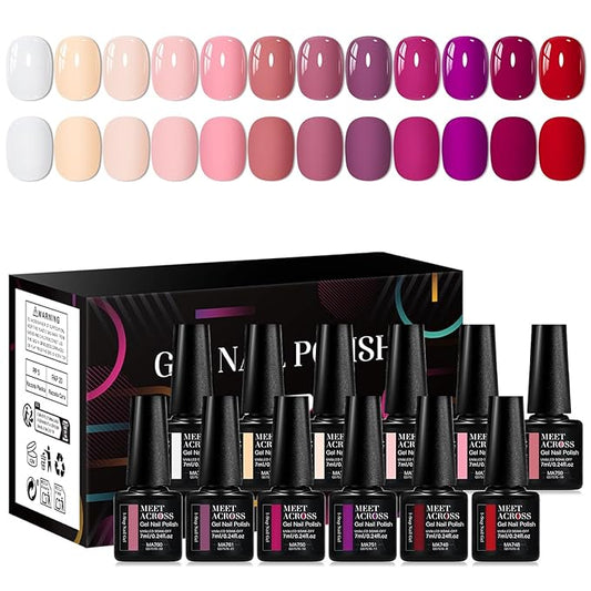 MEET ACROSS 1 Step Gel Nail Polish Set 12 Colors Gel Polish Kit Beige Pink Purple Red Soak Off UV/LED Nail Polish for Home DIY & Birthday Gifts