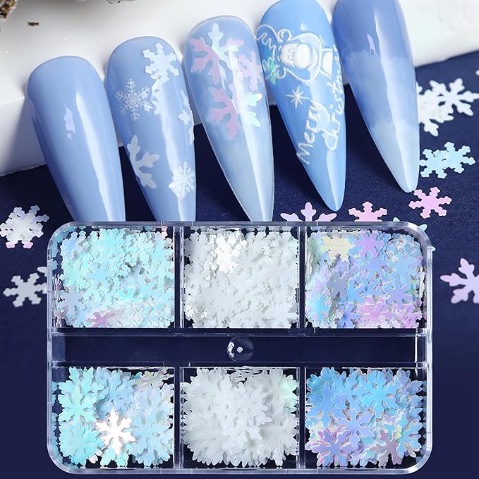 Christmas Smowflake Glitter Sequins Nail Accessories Winter White Snowflake Glitter Manicure Mix Colors Nail Art Glitter Flakes, 3D Nails Supplies Jewelry Studs Nail Decoration for Women Featival