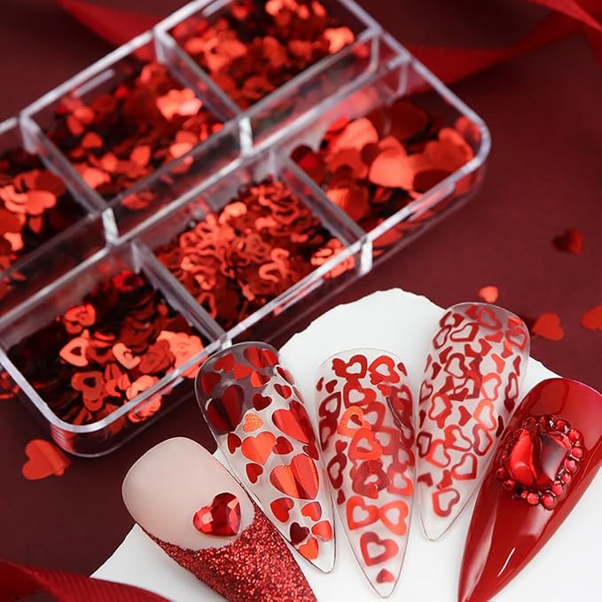 6 Grids Red Heart Nail Glitter Sequins Holographic Mixed Heart and Hollow Heart Nail Art Sequins Valentine's Day Laser Design Nail Charms Glitter Love Nail Flakes for Acrylic Nail Face Decor Supplies