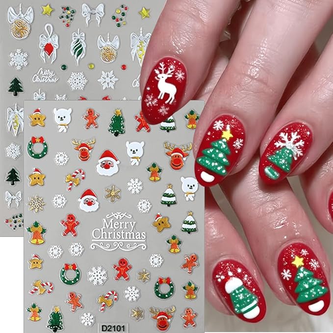 6Pcs Christmas Nail Stickers 5D Christmas Tree Snowball Nail Stickers for Nail Art Santa Claus DIY Self Adhesive Cute Bow Gingerbread Man Nail Decals Snowflake Nail Decoration Supplies for Women