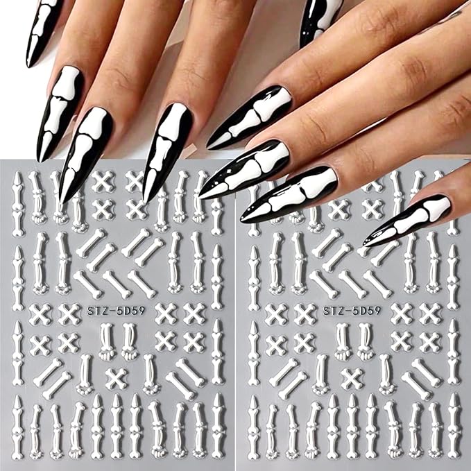 6Pcs Halloween Nail Stickers for Nail Art, 5D Embossed Skeleton Decals Self-Adhesive Nails Supplies Rose Gold White Bone Skeleton Designs Goth Nail Stickers for DIY Manicure Decor