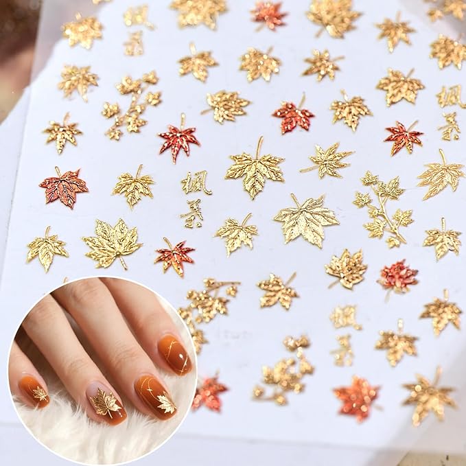 2 Sheets 5D Embossed Maple Leaf Nail Stickers for Nail Art Fall Nail Art Stickers Red Gold Embossed Maple Leaves Shiny Fall Nails Art Sticker Thanksgiving Day Gold Maple Leaf Nail Supplies for Women