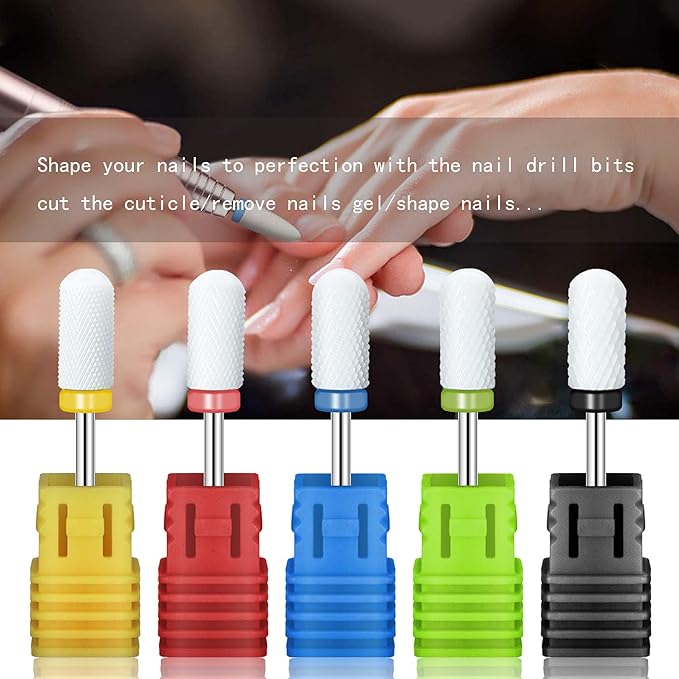 5 Size Professional Barrel Ball Top Ceramic Nail Drill Bits Set with Holder for Electric Nail File Manicure Pedicure Acrylic Gel Polishing, 3/32'' (2.35mm)