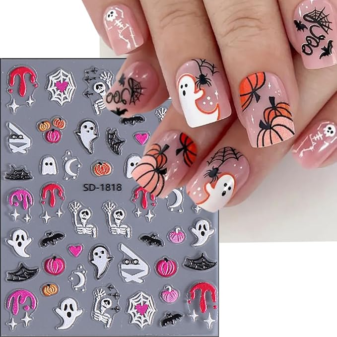 5Pcs Halloween Nail Art Stickers Decals 5D Cute Pumpkin Ghost Nail Stickers Bloody Spider Web Bat Skeleton Goth French Nails Design Decals Spider Nail Supplies for Women Halloween Salon Manicure
