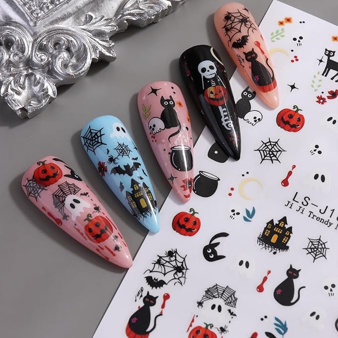 Halloween Nail Art Stickers Flower Ghost Pumpkin Nail Decals 6PCS Black Cat Blood Eye Ball Palm Cartoon Design 3D Self-Adhesive Halloween Stickers Manicure Supply for Women DIY Nail Art Decorations