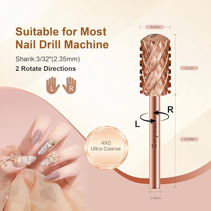 3/32" Large Barrel Smooth Round Top Tungsten Carbide Nail Drill Bit Safety Bit for Gel & Acrylic Removal, 2-Way Rotating Efile Tip, Salon Electric File Accessory (4XC Grit, Rose Gold)