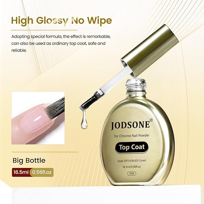 JODSONE Top Coat for Chrome Nail Powder - 16.5ml No Wipe Gel Top Coat for Rubbing Mirror/Chrome Nail Powders, Smooth Finish, High Gloss, U V/LED Curing Needed