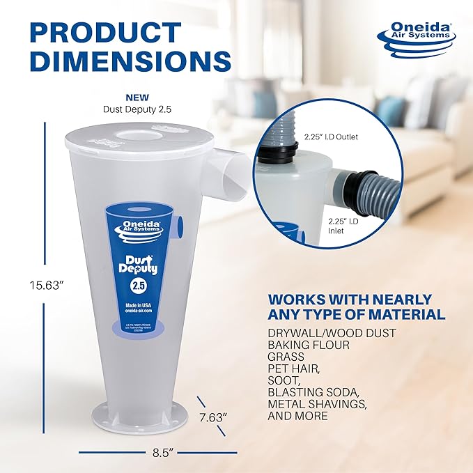 Oneida Air Systems Dust Deputy 2.5 DIY Cyclone Separator XL: Highest CFM Collector for Wet/Dry Shop Vacuums (DD 2.5 DIY)