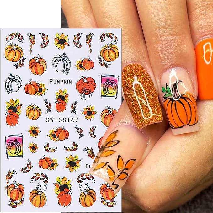6 Sheets Fall Nail Stickers for Nail Art Autumn Maple Leaf Nail Art Stickers Pine Cones Flower Leaves Pumpkin Nail Decals 3D Self-Adhesive Holiday Nail Sticker for Women Thanksgiving Nails Designs