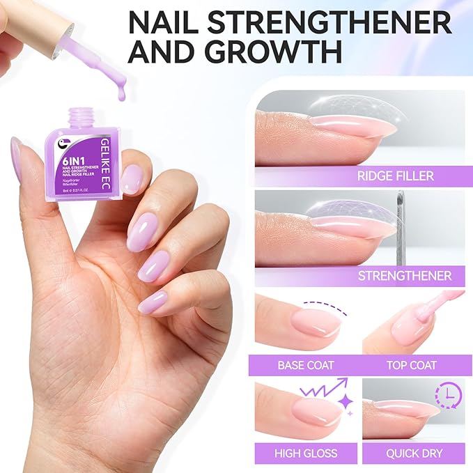 Nail Polish Strengthener and Growth: Lavender Haze Gelike EC 6 in 1 Natural Hardener - Long Lasting Nail Polish Hardener Extra Strong and Growth for Daily Work Home Salon